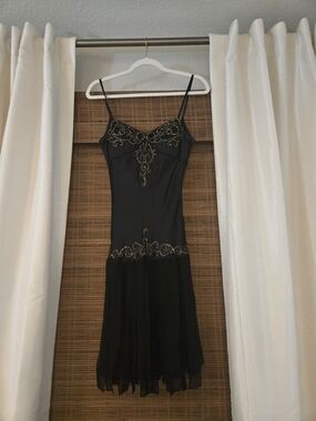 Sue Wong Black Evening Backless Slip Dress with Gold Beading